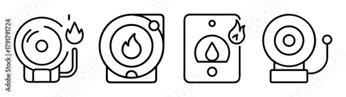 Fire alarm system and safety line icons collection, emergency alert.