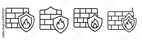 Firewall icon set with shield and flame for internet security