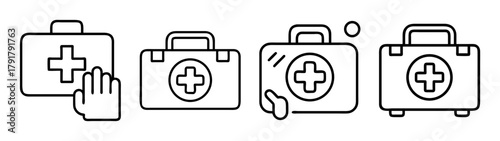 Medical first aid kit line art icon set for emergency health care
