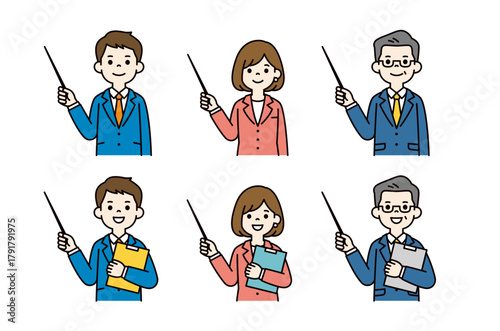 指示棒を持って説明する、様々な世代の男性と女性の上半身ベクターイラスト素材セット＿カラー