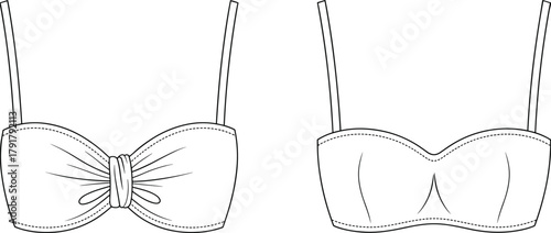 Bandeau bikini top fashion sketch with knot detail, seam lines, thin straps, vector line art, black and white illustration