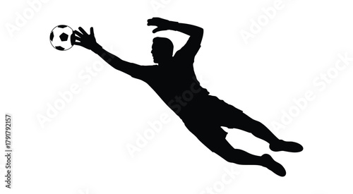 Soccer goalkeeper silhouette, diving to catch the ball, dynamic action pose, isolated on white background, sports action vector illustration.