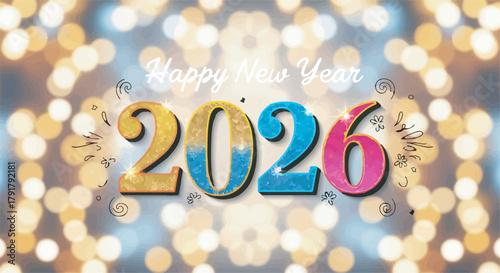 Happy New Year 2026 glitter text celebration banner with sparkling gold bokeh background