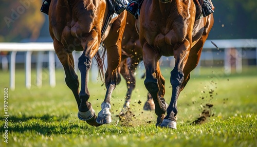 Racing Horses Closeup of powerful legs speeding across a green racecourse.