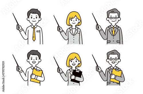 ポインターを持って説明する、いろいろな年齢の男性と女性の上半身ベクターイラスト素材セット
