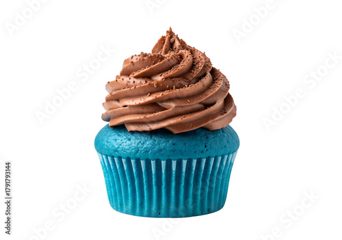 Front view blue cup cake with chocolate cream isolated on transparent background