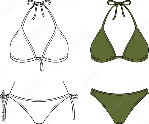 Bikini swimsuit fashion flat sketch with halter top and side tie bottom, black outline and olive green color comparison