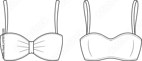 Bikini top fashion sketch with bow and smooth strap styles, front view technical swimwear drawing for garment design vector content