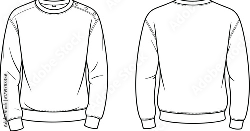 Black and white technical flat sketch of crewneck sweatshirt with shoulder buttons, ribbed cuffs and hem, front and back view illustration
