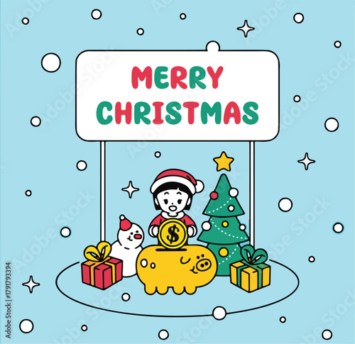 A festive illustration depicting a child in a Santa hat putting a coin into a piggy bank shaped like a pig, surrounded by Christmas gifts, a snowman, and a decorated Christmas tree, with a.