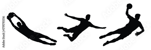 Soccer goalkeeper silhouette in action, diving to save the ball, football match moment, vector illustration