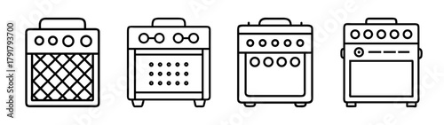 Outline icons of guitar amplifiers, music sound equipment set