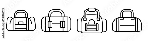 Four black line icons of various gym duffel bags for sports activity.