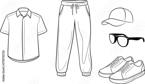 Casual fashion outfit set with shirt, joggers, cap, sneakers, sunglasses – black and white line art vector illustration