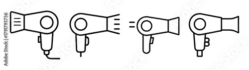 Hair dryer appliance line art icons set for beauty and care
