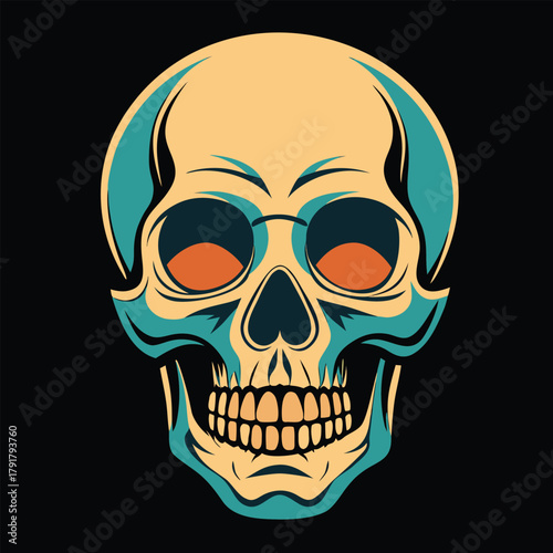Stylized human skull with glowing orange eyes on a black background