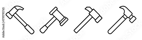 Outline hammer and gavel icons set, construction and justice