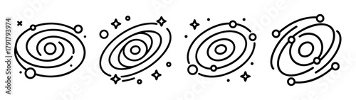 Abstract line art icons of space galaxies and planetary systems