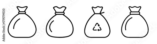 Tied bag line icon set: waste, garbage, money, and recycling
