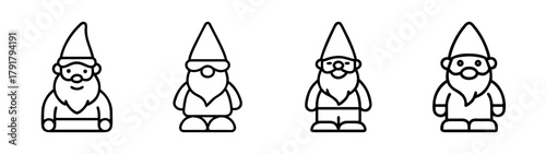 Minimalist line art collection of garden gnome characters icons