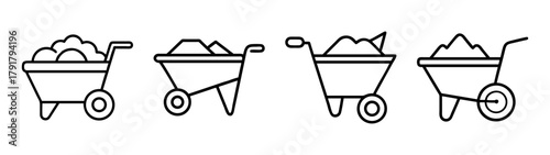 Outline icon set: wheelbarrows with dirt, soil, sand, material