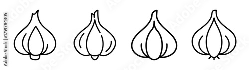Garlic bulb and clove simple outline icon set line art on white