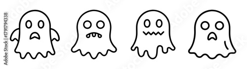 Four cute cartoon ghosts displaying varied spooky expressions set