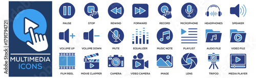 Multimedia icon collection set. Containing design Play Button, Pause Button, Stop Button, Rewind Button, Fast Forward