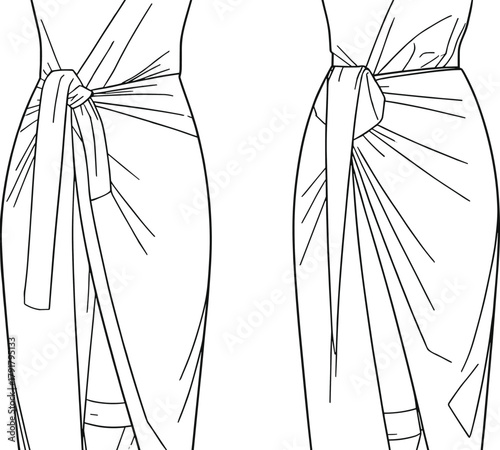 Front and back sarong wrap skirt fashion illustration with side tie knot, draped garment folds, technical clothing vector design template