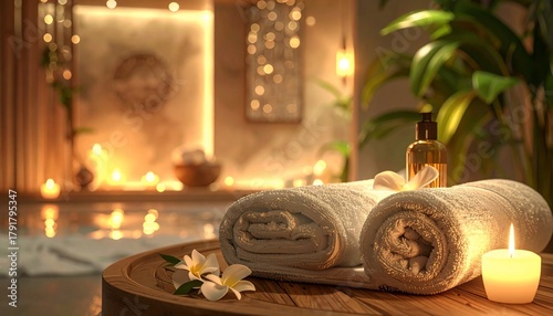 Serene Spa Scene Rolled Towels with Oil, Candles, Flowers, and and Calm Ambiance.