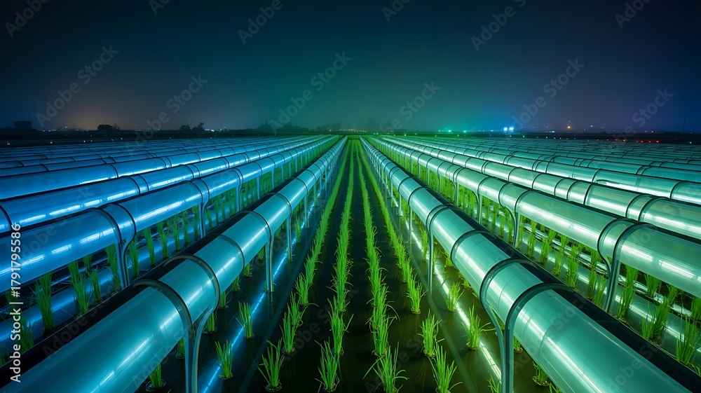 Obraz premium Futuristic illuminated greenhouse with rows of young plants and overhead pipes , greenhouse, futuristic, technology, 