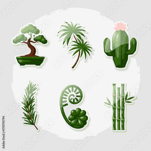 A diverse, vibrant collection of six unique green plant stickers, featuring a bonsai, palm, cactus, rosemary, fern, and bamboo, ideal for botanical graphic designs.