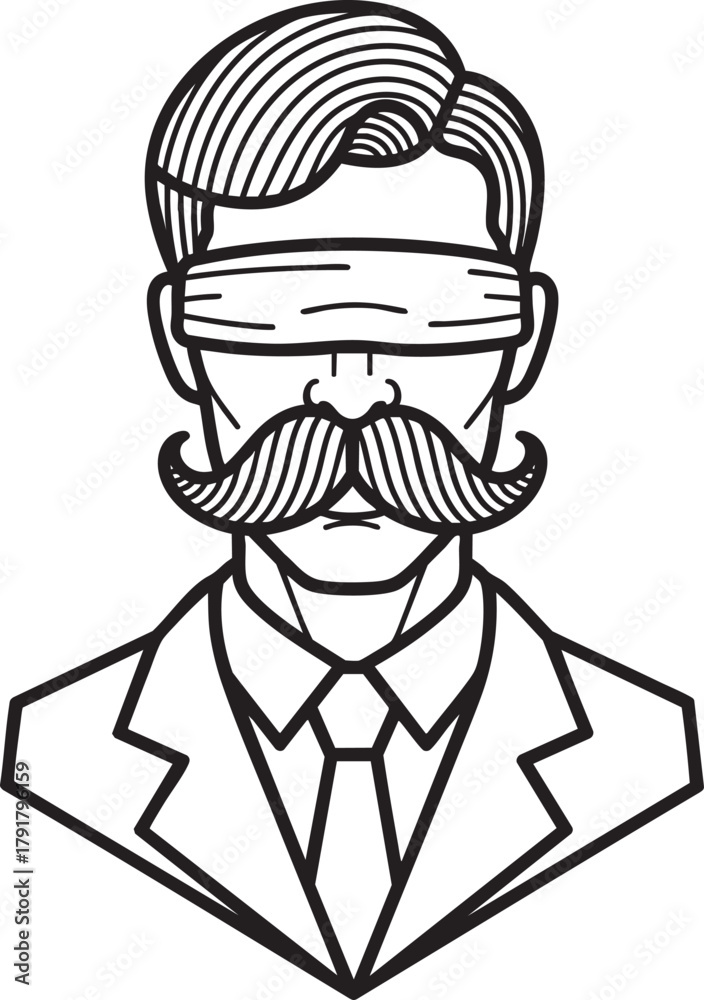 Fototapeta premium Blindfolded gentleman in a suit with a large curled handlebar mustache line art style.