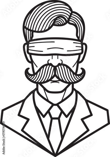 Blindfolded gentleman in a suit with a large curled handlebar mustache line art style.