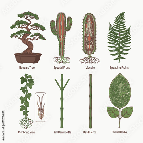 This educational botanical illustration set meticulously details a variety of plant species, from elegant bonsai to resilient cacti, highlighting their internal structures.
