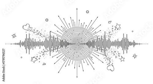An intricate abstract illustration featuring a central radiating sunburst, flanked by audio waveforms and stars, symbolizing creative energy and harmony.
