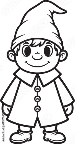 Charming cartoon gnome boy in a pointy hat and coat a simple black and white line art illustration.