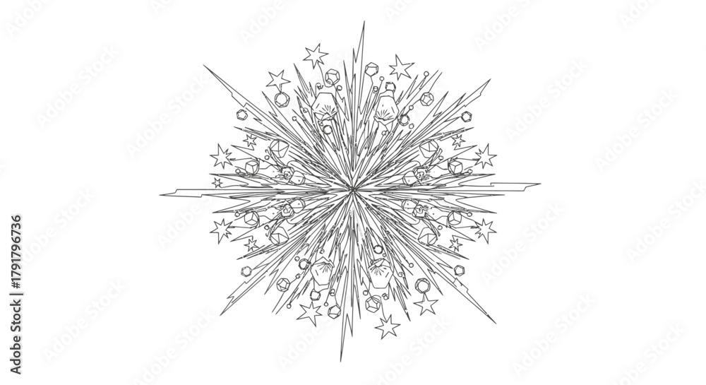 Obraz premium An intricate black and white line art illustration depicts a complex, symmetrical starburst or snowflake design, perfect for winter holiday themes and elegant graphic projects.