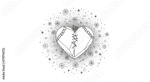 A symbolic illustration of a broken heart mended with stitches, surrounded by sparkling elements, representing healing, recovery, and resilience after emotional pain.