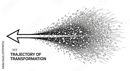 An abstract graphic illustration depicting the trajectory of transformation, showing a dynamic process of change and dispersion from a focused point.