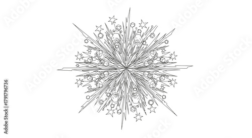An intricate black and white line art illustration depicts a complex, symmetrical starburst or snowflake design, perfect for winter holiday themes and elegant graphic projects.