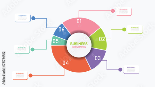 Pie chart infographic template. Business pie chart infographics with editable segments. Circle chart infographic template with 6 options for strategy presentations. Vector illustration Eps