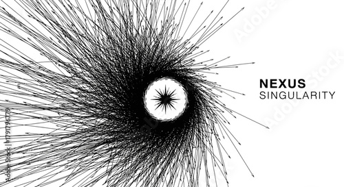 A dynamic black and white abstract graphic, featuring a central nexus of radiating lines, symbolizes complex data, technological networks, and singularity.
