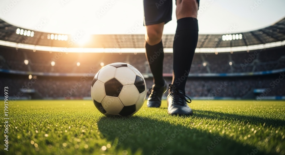 Fototapeta premium Soccer Player and Ball on Stadium Pitch at Golden Hour
