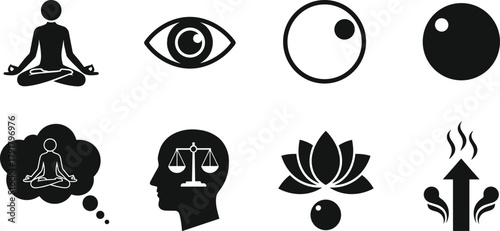 Mindfulness meditation icons set with silhouette symbols of balance, awareness, zen energy, introspection, mental health, and spiritual growth