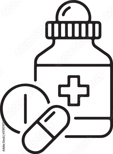 Outline icon of medicine bottle and pills