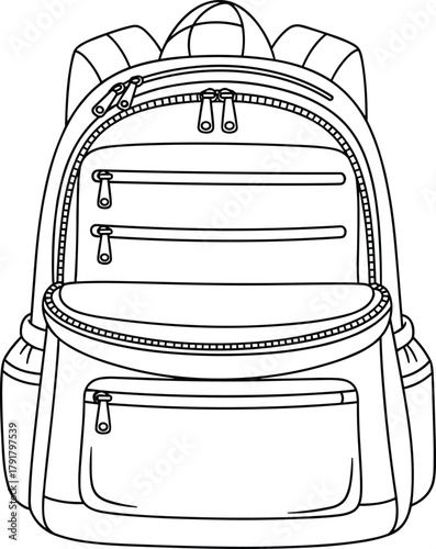 Modern travel backpack illustration with multiple compartments and zippers, detailed school and hiking bag design for outdoor and everyday use