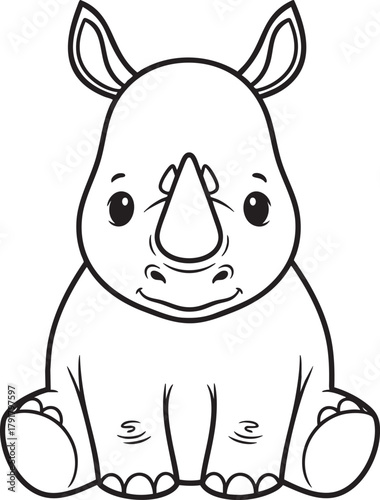 Cute cartoon baby rhinoceros sitting down a black and white line art illustration for a coloring book.