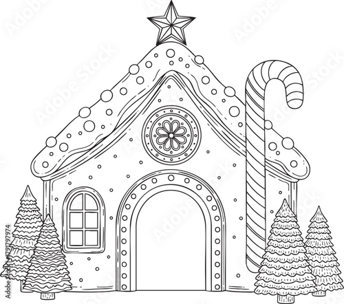 Festive Gingerbread House Coloring Page with Candy Cane and Star Topper.