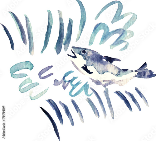 川を遡上する鮭のイラスト